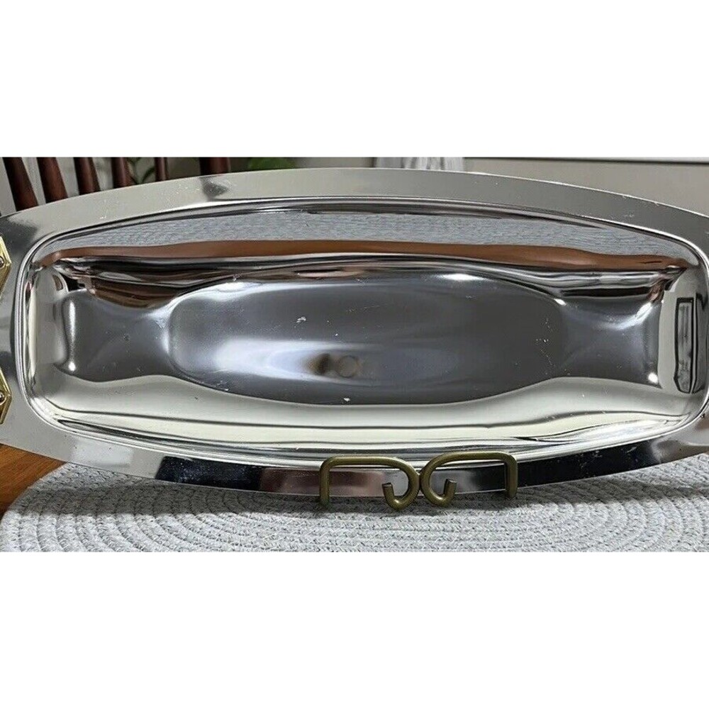 Vintage MCM Kromex Chrome w/ Gold Tone Handles Bread and Roll Serving Tray 17”
